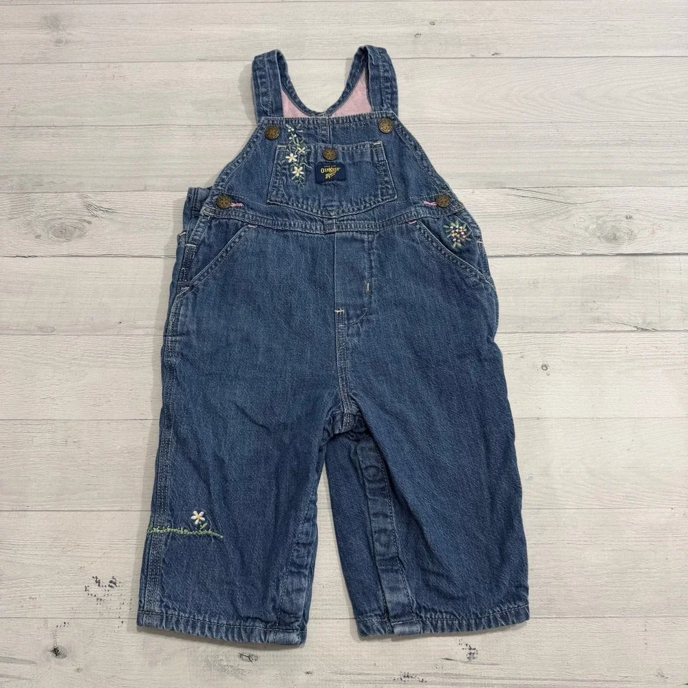 OshKosh B'Gosh girls denim pink lined overalls floral embroidery size‎ 12 months